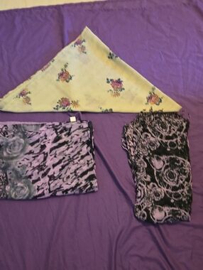 Set of 3 Floral & Patterned Scarves - Purple, Yellow, Black